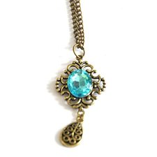 Boho Vintage Antique Style Bronze Art Deco Blue Crystal Long Necklace Jewellery: Jewelry