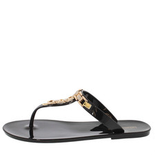 Amanda Black Flat Black Flat Sandal with Gold chain link, crystals