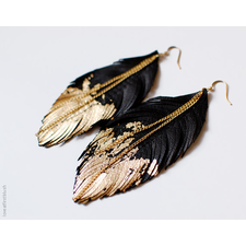 Leather Feather Earrings - Black Leather Dipped in Gold - Black Raven Feather Jewellery