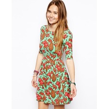 Skater Dress With Wrap Back In Peacock Print