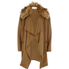 Khaki faux fur collar waterfall jacket