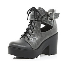 Grey croc cut out block heel boots