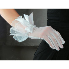 Gauze Gloves White  with bows & Embroidered Fabric Lace - Women Bridal Wedding Bridesmaids Gift - Handmade