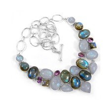 Awesome 925 sterling silver Rainbow Moonstone Labradorite And Amethyst Gemstone Cluster Necklace