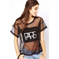 Black See-through Short Sleeves Chiffon Letters Printed T-shirt