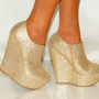 Women Silver Platform Glitter Sparkly High Wedges Shoes Heels Ankle Boots Gold