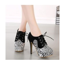 2014 Occidental Style Pumps Color Block Leopard Pattern Ribbons Round Toe High Thin Heel White Pumps - Heels | RebelsMarket
