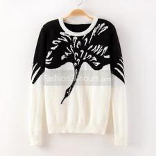 Black&White Color Blocking Animal Pattern Pullover Sweater