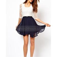 Blocking Color Lace 3/4 Sleeve Dress