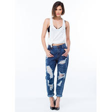 Destroy It Acid Wash Boyfriend Jeans DKBLUE - GoJane.com