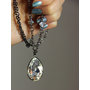 Midnight Twinkle - Big Swarovski Crystal Pendant Long Gunmetal Chain Necklace - Neutral Elegant Layering Necklace
