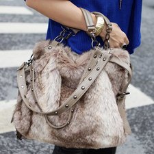 Trendy Casual Elegant Women's Tote Bag With Rivets and Faux Fur Design
