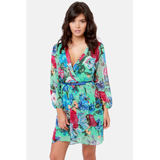 Pretty Floral Print Dress - Mint Green Dress - Wrap Dress - $51.00