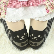 ☆FREE♥SHIPPING☆ Kawaii Lolita Black & Grey Striped Kitty Thigh High Tights