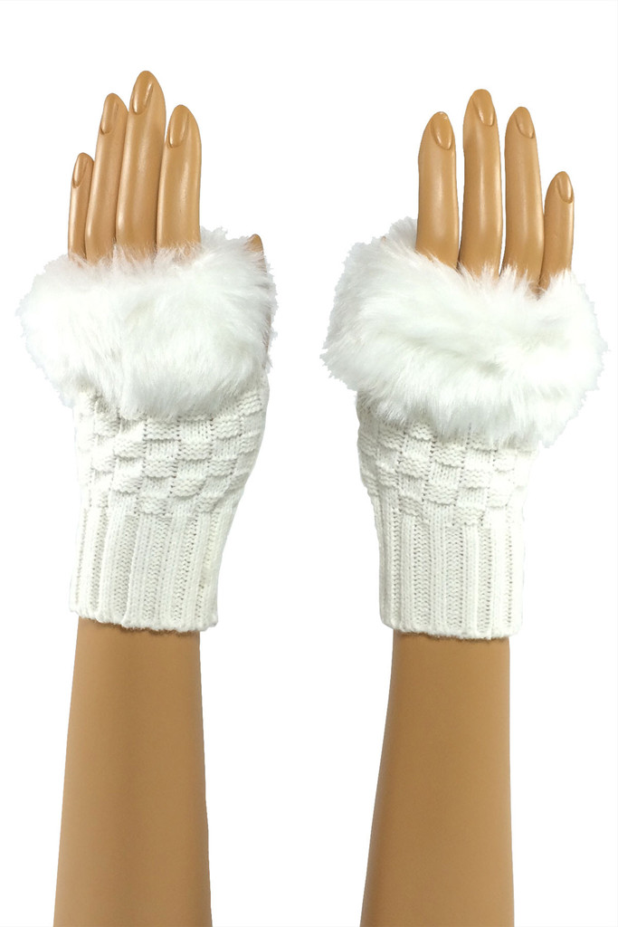 White Wrist Length Faux Fur...