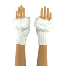 White Wrist Length Faux Fur Fingerless Gloves