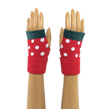 Red/Teal Green Round Dot Printed Wrist Length Fingerless Gloves