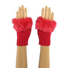 Red Wrist Length Faux Fur Fingerless Gloves