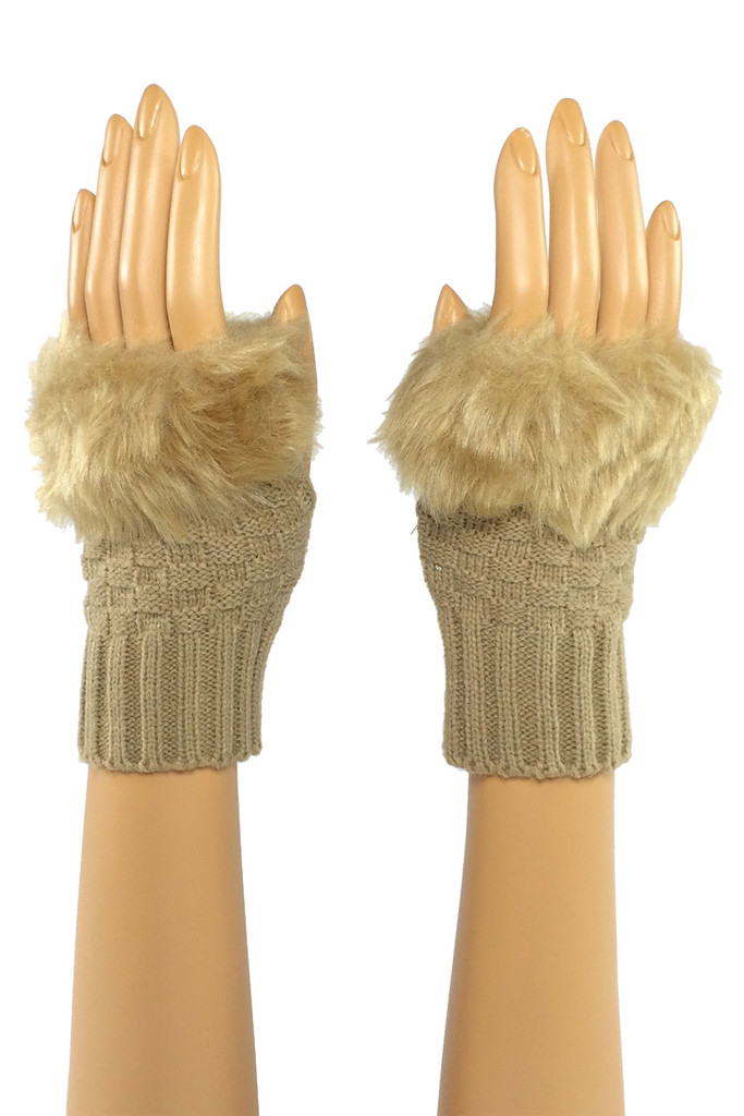 Beige Wrist Length Faux Fur...
