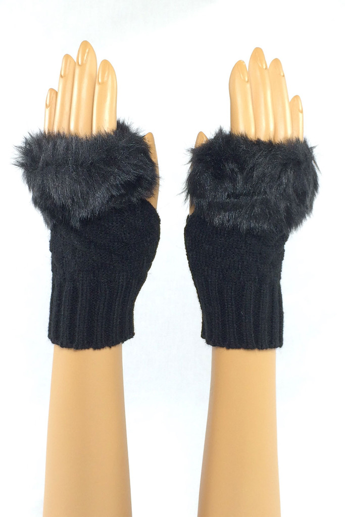Black Wrist Length Faux Fur...