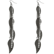 Pewter Rhinestone Drop Chain Leaf Earrings