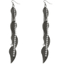 Pewter Rhinestone Drop Chain Leaf Earrings