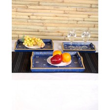 Buy Floral Hand Painted Wood Blue Serving Tray Set (Set Of 3 Pcs) Online At Rajrang