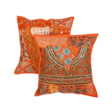 Gorgeous Floral Patch Work Orange Cushion Cover (Set Of 2) 