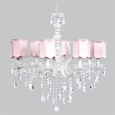 Eight Arm Pageant White Beaded Chandelier with Pink Scallop Shades