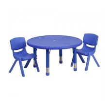 33'' Round Adjustable Blue Plastic Activity Table Set with 2 School Stack Chairs [YU-YCX-0073-2-ROUND-TBL-BLUE-R-GG]