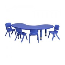 35''W x 65''L Adjustable Half-Moon Blue Plastic Activity Table Set with 4 School Stack Chairs [YU-YCX-0043-2-MOON-TBL-BLUE-E-GG]