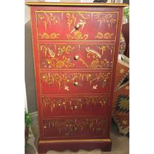 Lacqured 5 Drawer Chest of Drawers with Red Bird and Fountain Decoration