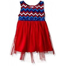 Youngland Girls' Chevron Knit to Mesh Fashion Dress, Red/White/Blue, 18 Months