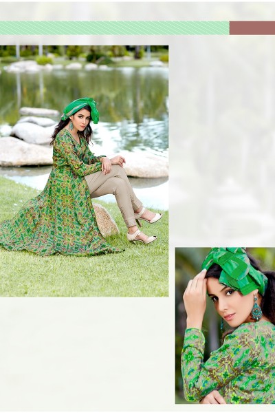 GREEN & CREAM PRINTED GEORG...