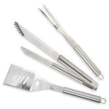 3 Piece BBQ Set comprising of tongs, large fork and our great spatula that has a bottle opener and cutting edge