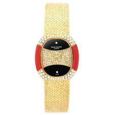 Patek Philippe Yellow Gold Diamond Coral Onyx Manual Wind Wristwatch 1