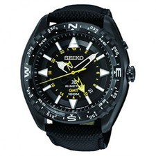 Seiko Kinetic GMT SS Black Leather Strap Black Dial Men's Watch SUN057