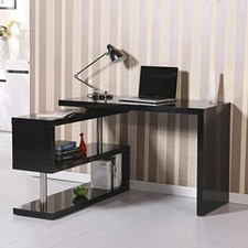 HomCom Rotating Office Desk and Shelf Combo - Black