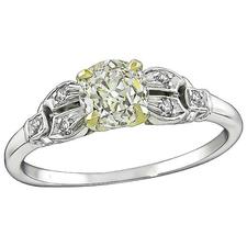 Art Deco Cushion Cut Light Fancy Yellow Diamond Platinum Engagement Ring