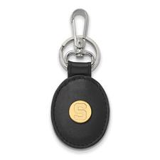 Gold Plated Silver Michigan State U Black Leather Oval Key Chain