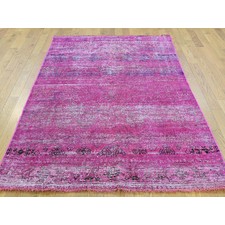 4'3"x6'2" Hand-Knotted Pink Worn Overdyed Persian Tabriz Pure Wool Rug