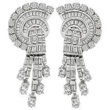 1950s Round Baguette and Marquise Cut Diamond 14k White Gold Earrings
