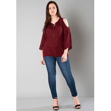 Get Oxblood CURVE Pleated Neck Cold Shoulder Top - FabAlley