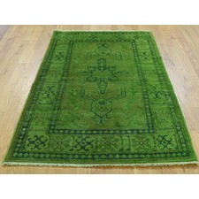 3'10"x5'2" Hand Knotted Green Kazak Overdyed Pure Wool Oriental Rug