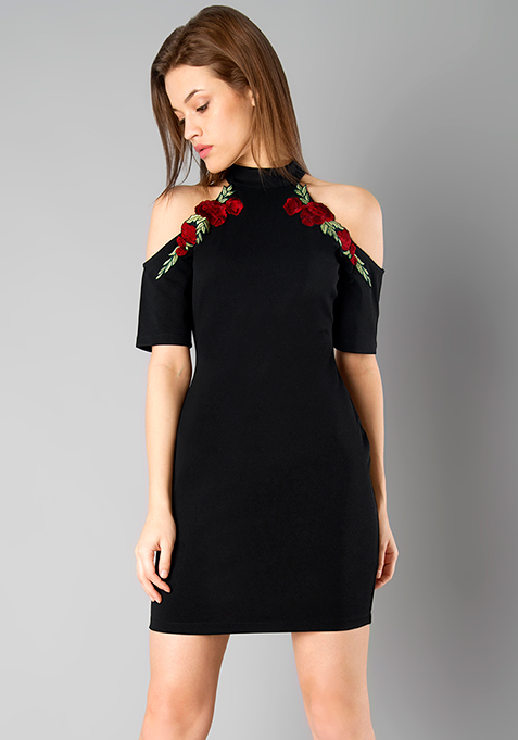 Buy Black Cold Shoulder Emb...
