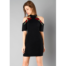 Buy Black Cold Shoulder Embroidered Halter Dress - FabAlley