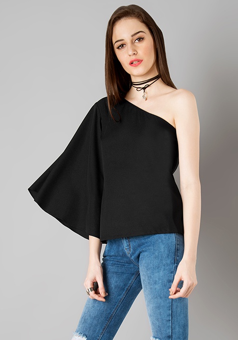 One Shoulder Flared Sleeve ...