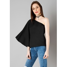 One Shoulder Flared Sleeve Black Top Available Online to Buy at Faballey