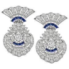 Round and Pear Shape Diamond Sapphire Platinum Earrings