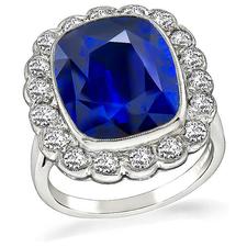 Cushion Cut Ceylon Sapphire Old Mine Cut Diamond Platinum Engagement Ring